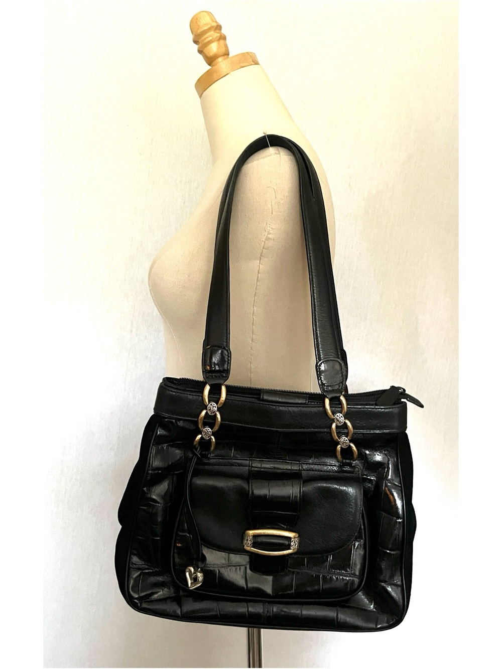 Brighton Genuine Black Leather Croc Embossed Shoulder Tote Bag Two-tone Hardware